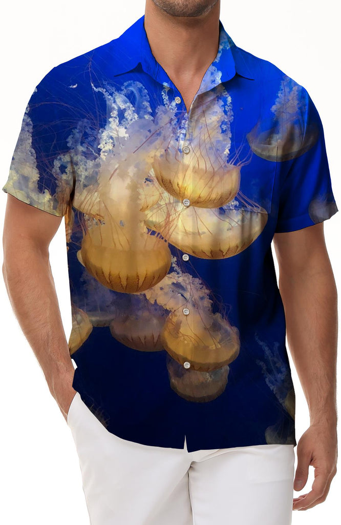 Beautiful Falling Art Jellyfish Men's Hawaiian Shirt Short Sleeve Button Casual Shirt Tropical Seaside Beach Clothing