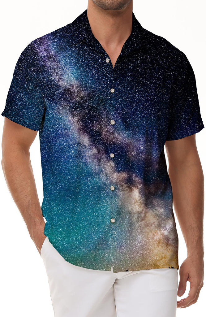 Beautiful Galaxy Silver Sea Fantasy Short Sleeve Shirt Hawaiian Shirt Short Sleeve Men's Casual Fashion Button Short Sleeve Shirt Mixed Color