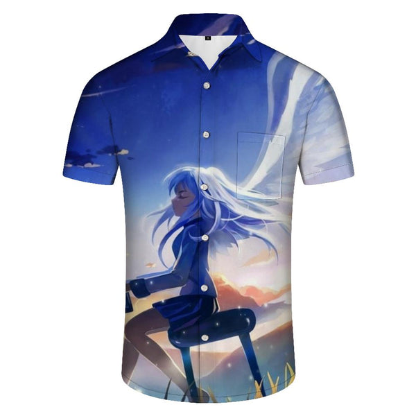 
Blue cartoon angel men's summer casual regular music print shirt short sleeve lapel shirt
                