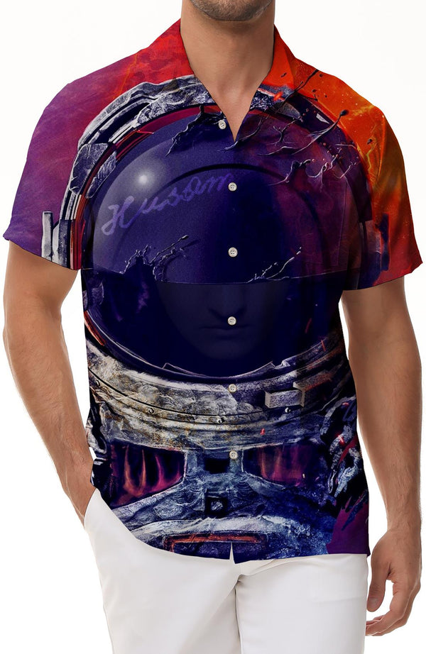 Space Astronaut and Planet Casual Loose Fashion Style Men's Button Collar Short Sleeve Hawaiian Button Pocket Lapel Tropical Four Seasons Short Sleeve Shirt Beach Seaside Ocean