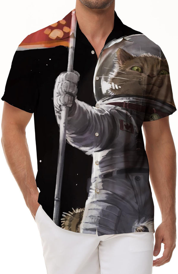 Cat Funny Animal Astronaut Print Shirt Button Short Sleeve Loose Hawaiian Shirt Clothing Casual Lapel Shirt Summer