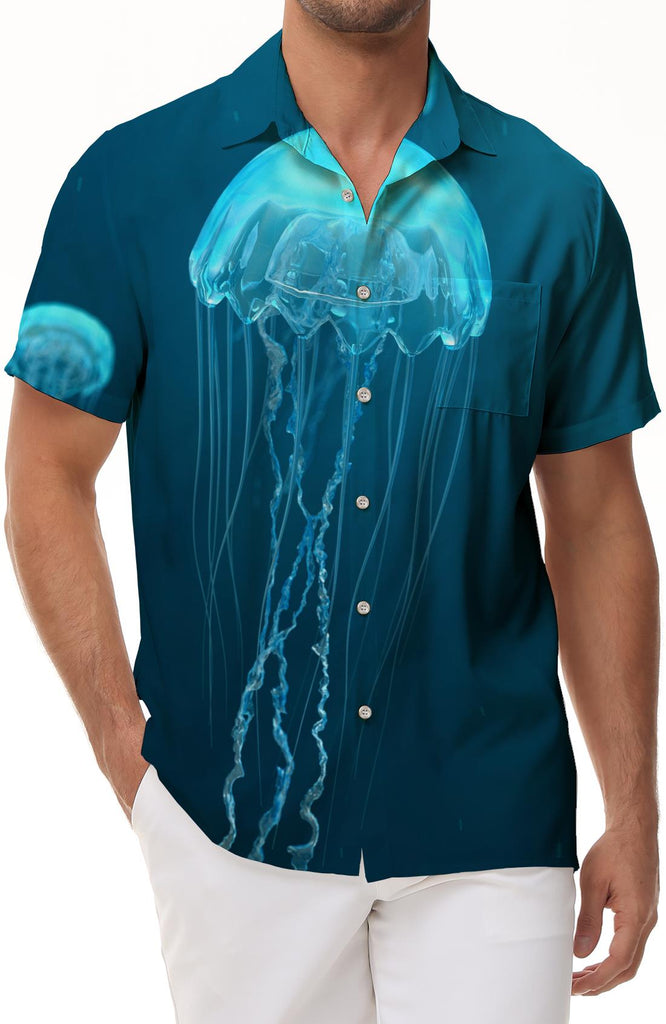 Fashion Neon Jellyfish Men's Casual Loose 3D Printed Hawaiian Short Sleeve Undersea Animal Tops Hip Hop Fashion Men's Short Sleeve Shirt