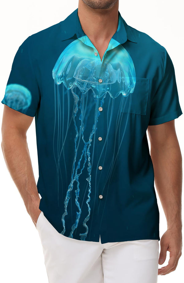 Fashion Neon Jellyfish Men's Casual Loose 3D Printed Hawaiian Short Sleeve Undersea Animal Tops Hip Hop Fashion Men's Short Sleeve Shirt