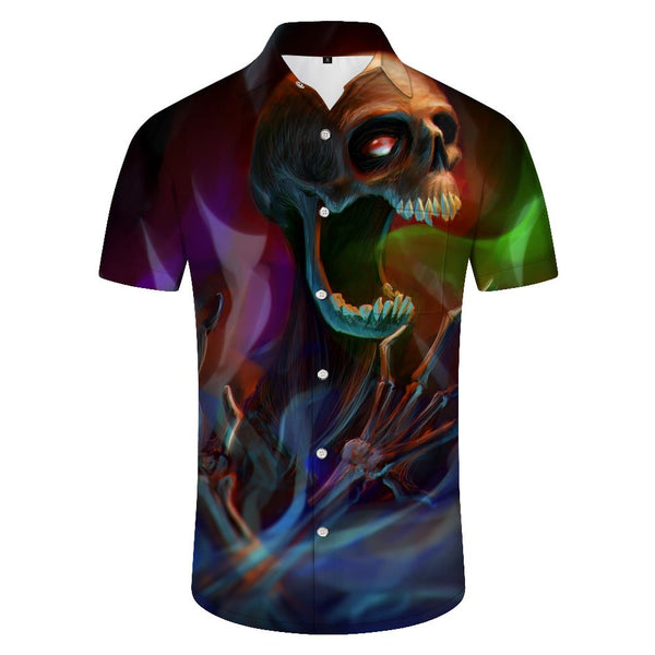 
I'm afraid 3D death skull print fashion lapel men's short sleeve outdoor street fashion daily casual tops
                