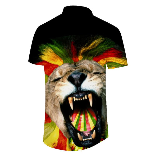 
Lion roar tiger roar style print black men's short-sleeved shirt four seasons Hawaii outdoor family party clothing
                
