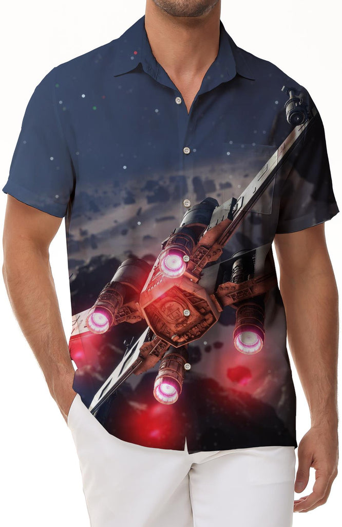 Outer space technology aircraft print casual men's lapel tops new summer men's short-sleeved shirts comfortable and breathable