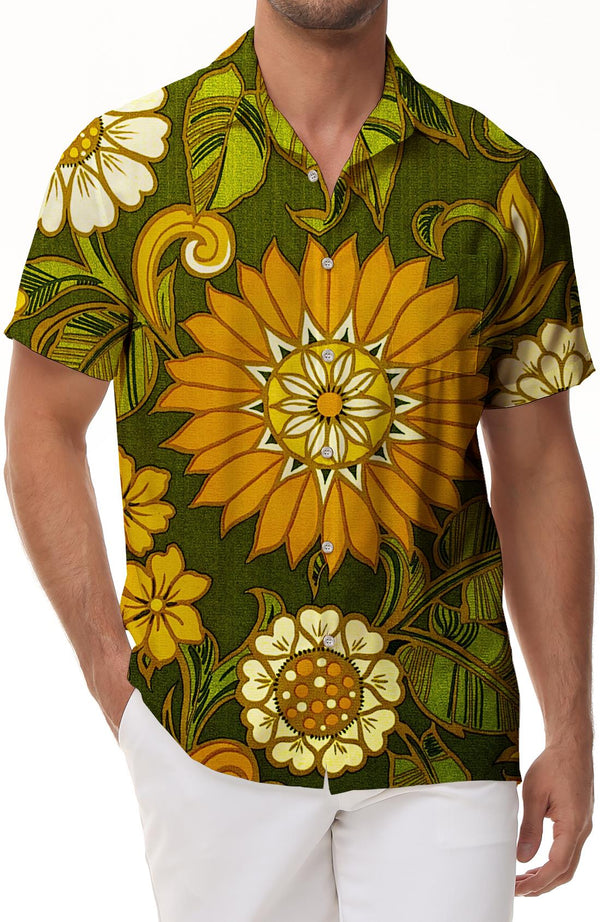 Fashion simple retro fun men's casual Hawaiian button lapel regular style comfortable breathable short sleeve shirt