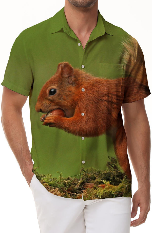 Squirrel eating chestnuts men's printed short-sleeved Hawaiian shirt classic summer beach shirt regular fit