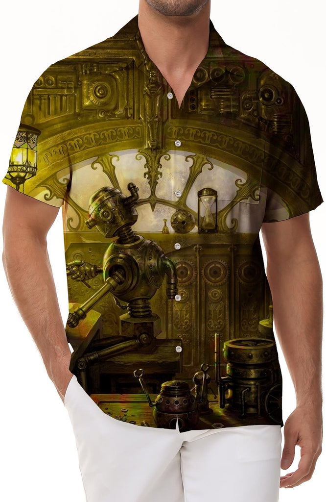 Gold Robot Punk House Men's Shirt Short Sleeve Tropical Hawaiian Shirt Regular Fit Casual