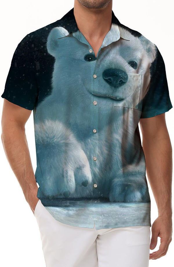 Cute Northern Lights Polar Bear Men's Casual Button Short Sleeve Shirt Lapel Top with Pockets