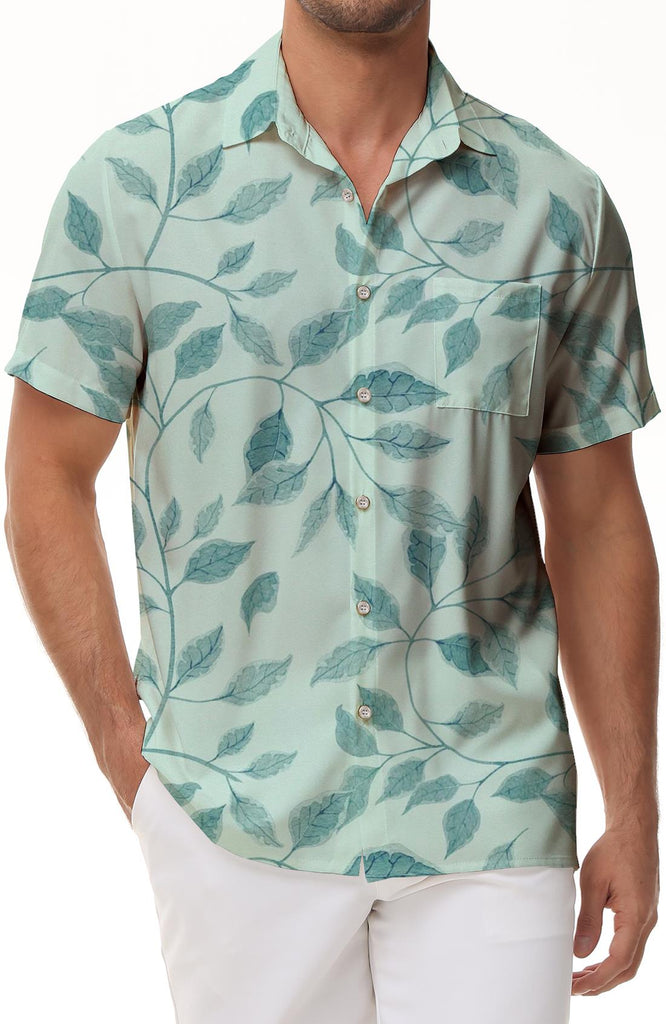 Fashion Tropical Hawaiian Style Leaf Print Green Men's Summer Short Sleeve Button Casual Beach Shirt