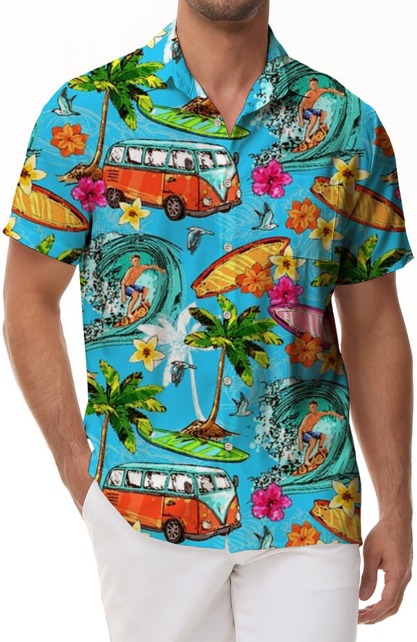 Hawaiian Surfer On Wavy Print Men'S Hawaiian Shirts Casual Floral Button Down, Short Sleeve Beach Tropical Shirt