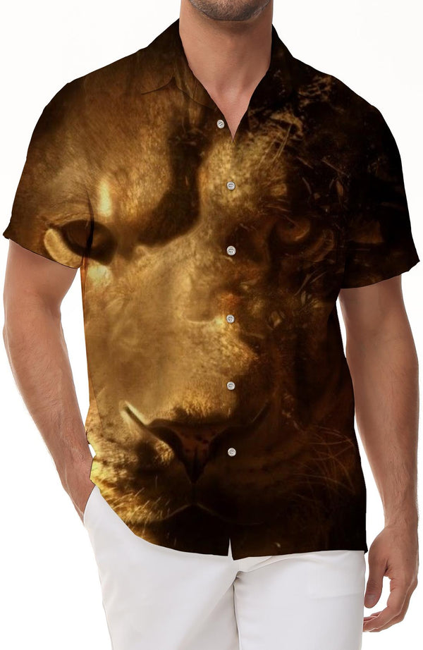 Casual Fashion Short Sleeve Streetwear Tops Men Shirts 3D Animal Lion Hawaiian Print Pattern Shirt