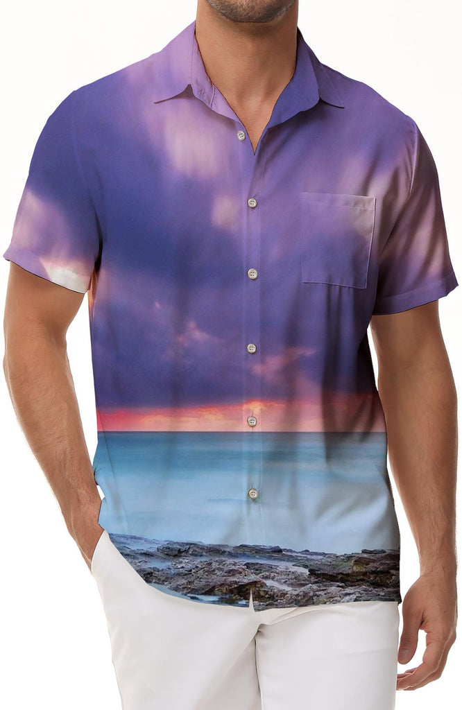 Seychelles beach waves at sunset Men's short sleeve button down shirt Tropical Hawaiian button down lapel short sleeve shirt