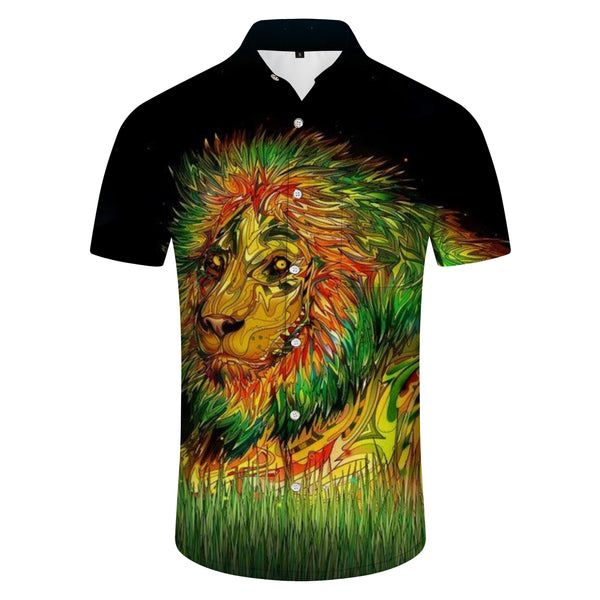 
Neon color art tropical rainforest animal lion hip hop casual men's short sleeve loose Hawaiian lapel pocket four seasons shirt
                