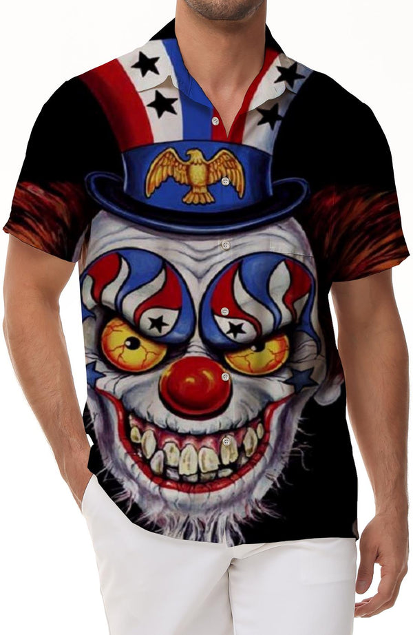 Funny digital print circus juggler clown Hawaiian button men's rap daily walking travel short sleeve shirt island music festival