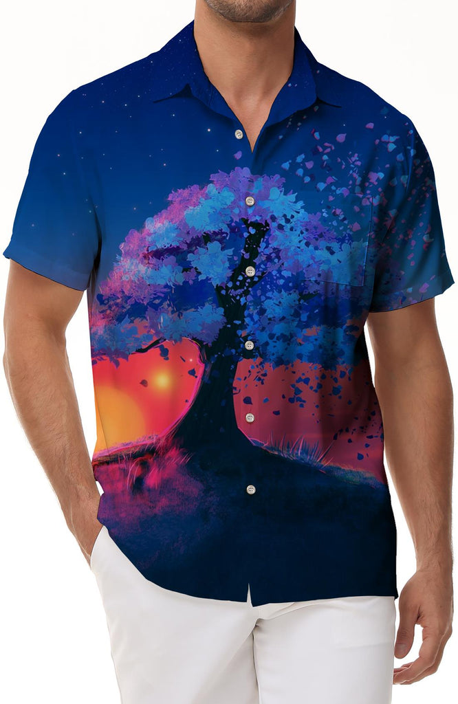 Blue big tree dream sunset men's street trend short-sleeved men's shirt casual fashion shirt Hawaiian fashion short-sleeved design