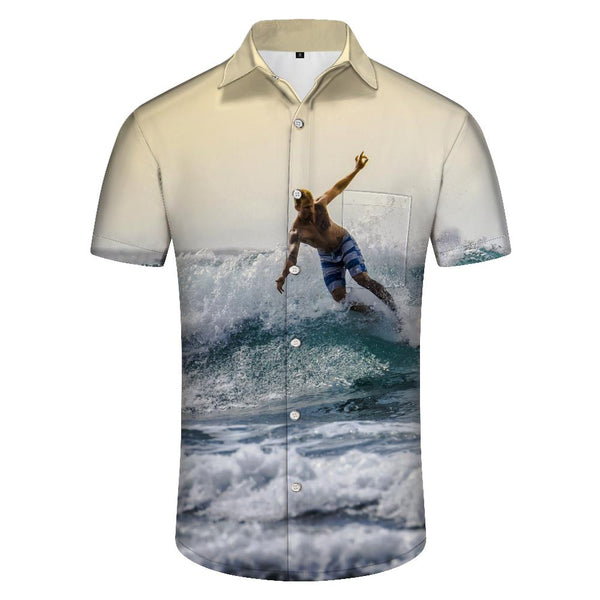 
Hawaiian cool surfing fun casual men's short-sleeved button-down lapel personalized tops loose pocket shirt summer
                