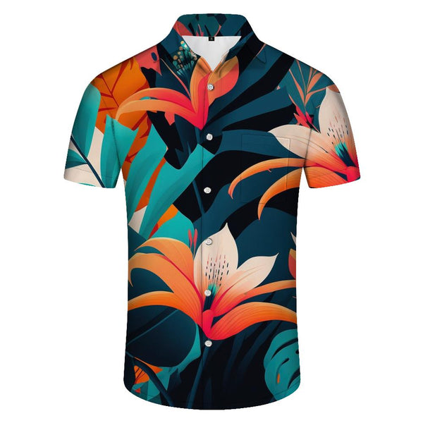 
Tropical seaside Hawaiian casual button-down lapel digital print pattern men's daily travel loose short sleeve
                