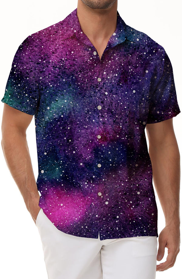 Purple Galaxy Fashion Casual Men's Short Sleeve Tropical Hawaiian Button Lapel Loose Lapel Shirt Regular Style