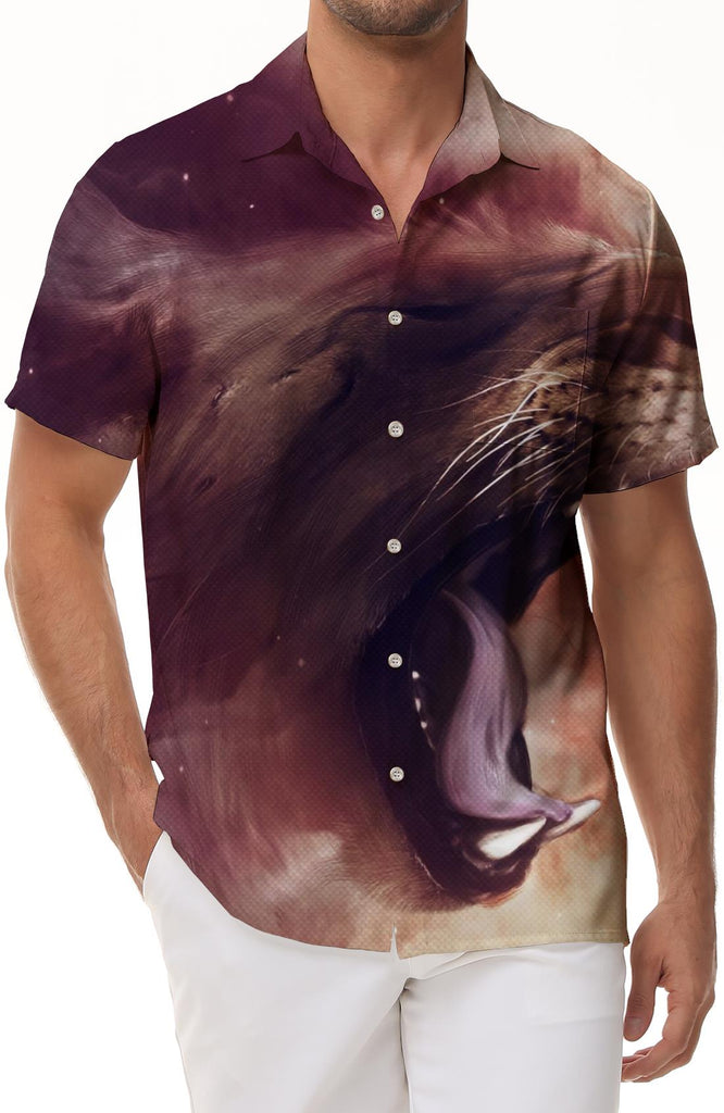 Casual Button Wildlife King Lion Men's Short Sleeve Shirt Summer Beach Shirt Classic Fit