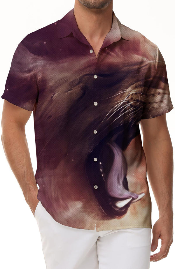 Casual Button Wildlife King Lion Men's Short Sleeve Shirt Summer Beach Shirt Classic Fit