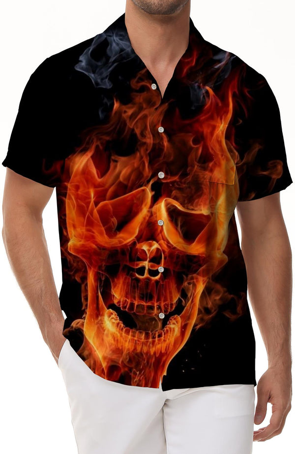 Flame Skull Men's Polyester Printed Short Sleeve Casual Men's Shirt Wide Lapel Short Sleeve Button Tropical Short Sleeve Shirt Seaside Beach