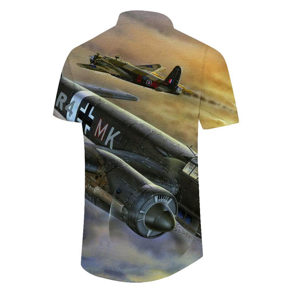 
British retro Hawaiian shirt fighter print pattern casual men's outdoor four seasons short sleeve tropical style
                