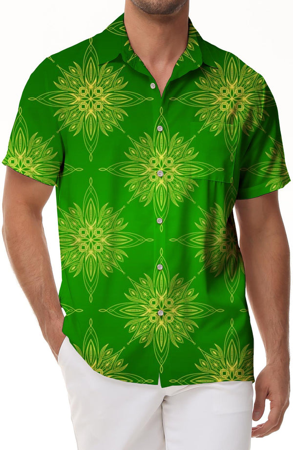 Green flower digital print summer beach shirt Hawaiian button pocket men's casual short sleeve button shirt beach seaside