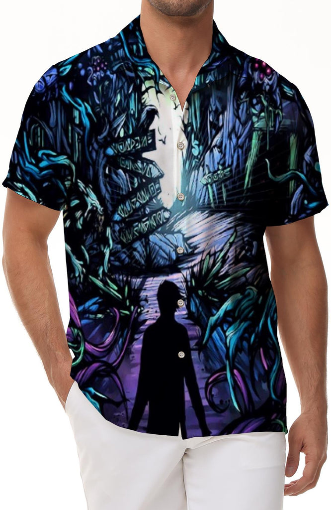 Japanese anime abstract popular beach seaside tropical Hawaiian button top men's short sleeve casual button shirt light beach shirt summer