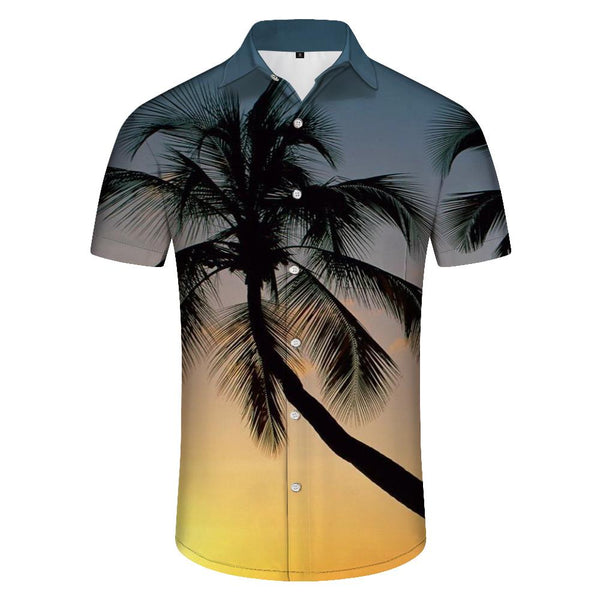 
Coconut tree leaves in the sunset Hawaii tropical four seasons seaside beach shirt summer casual short-sleeved button beach vacation wear
                