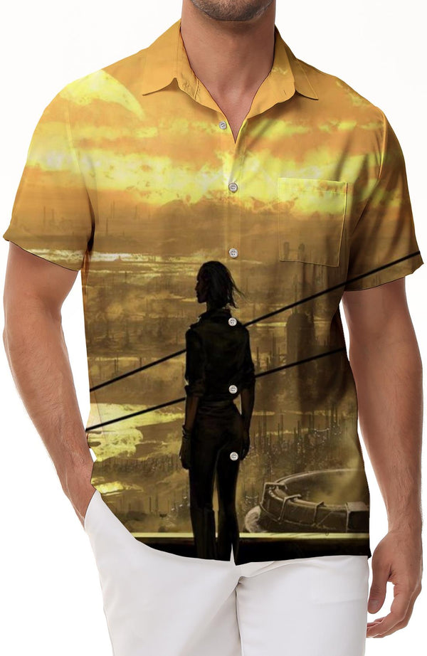 Yellow Men's Tropical Summer Short Sleeve Button Shirt Casual Shirt Regular Fit