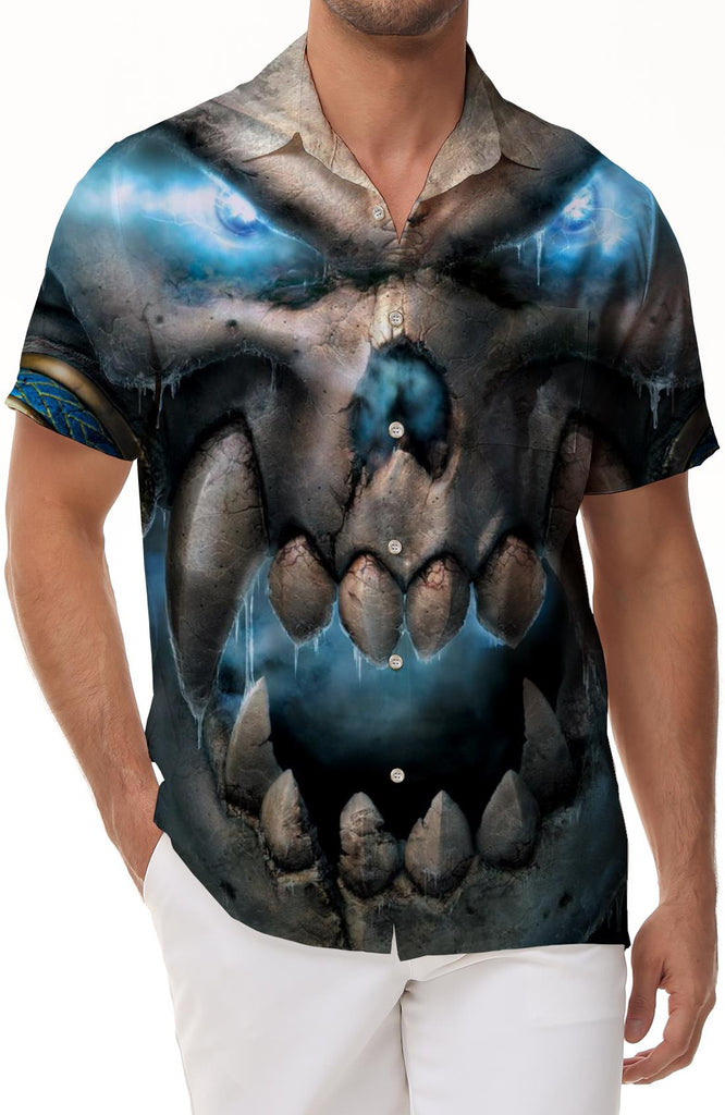 Button men's casual Hawaiian personality print shirt short sleeve clothing milky white skull