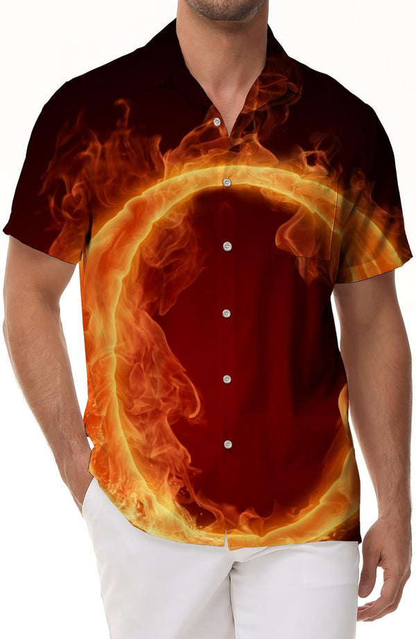 English letter o hot flame hip-hop style men's short-sleeved shirt casual button-down shirt beach