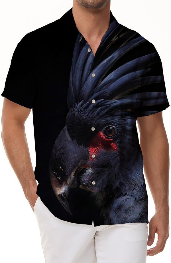 Black elegant bird Hawaiian button lapel casual short sleeve fashion men's tropical rainforest four seasons beach seaside fashion suitable for summer breathable