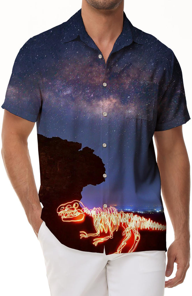 3d Printed Fluorescent Dinosaur Breathable Shirt Men's Loose Casual Vacation Travel Beach Hawaiian Button Lapel Pocket Shirt