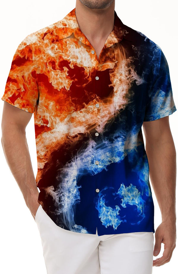 Fire Water Yin Yang 3D Digital Printing Men's Short Sleeve Shirt Casual Button-down Shirt Hawaiian Button Lapel Top with Pockets