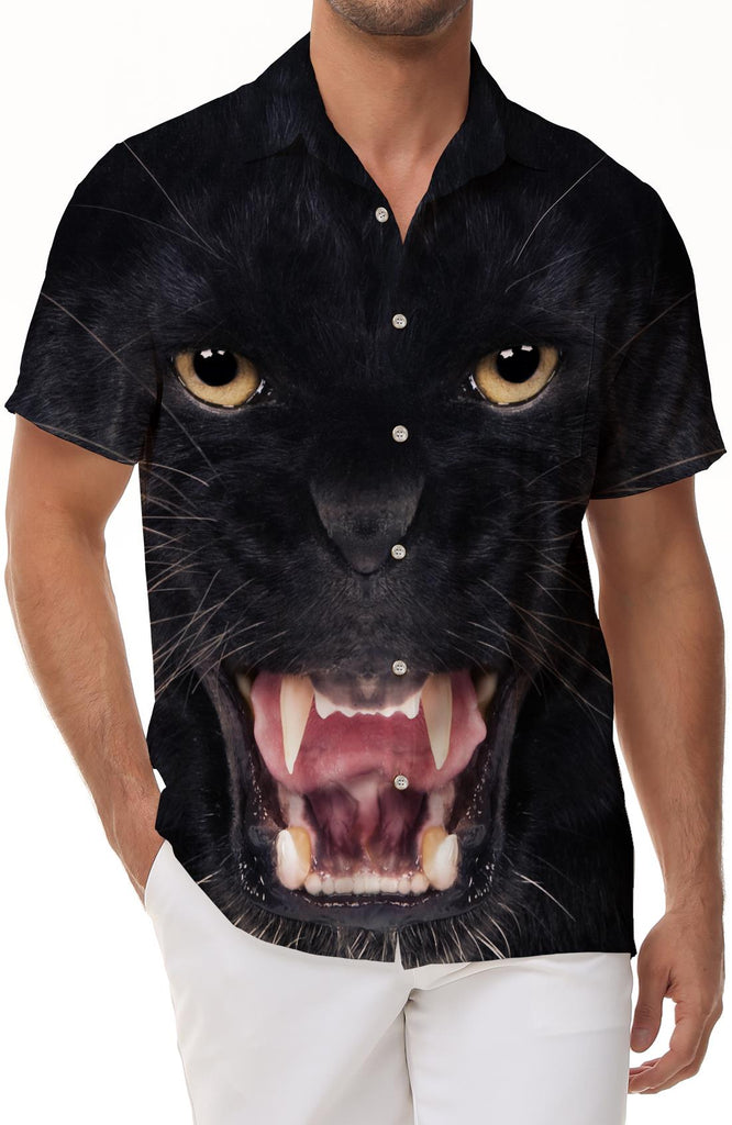 Roaring Leopard 3D Digital Print Pattern Tropical Fashion Cool Animal Hawaiian Men's Short Sleeve Button-Up