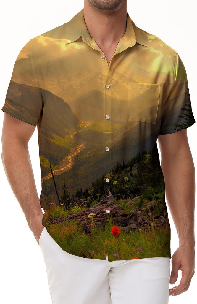 Mountain sunset scenery tropical Hawaiian style beach button-down lapel men's daily simple casual loose short-sleeved shirt