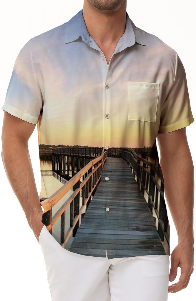 Wooden bridge sunset romantic date 3d printed pattern men's daily street loose tropical fashion comfortable breathable trendy Hawaiian shirt