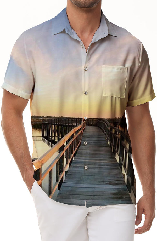 Wooden bridge sunset romantic date 3d printed pattern men's daily street loose tropical fashion comfortable breathable trendy Hawaiian shirt