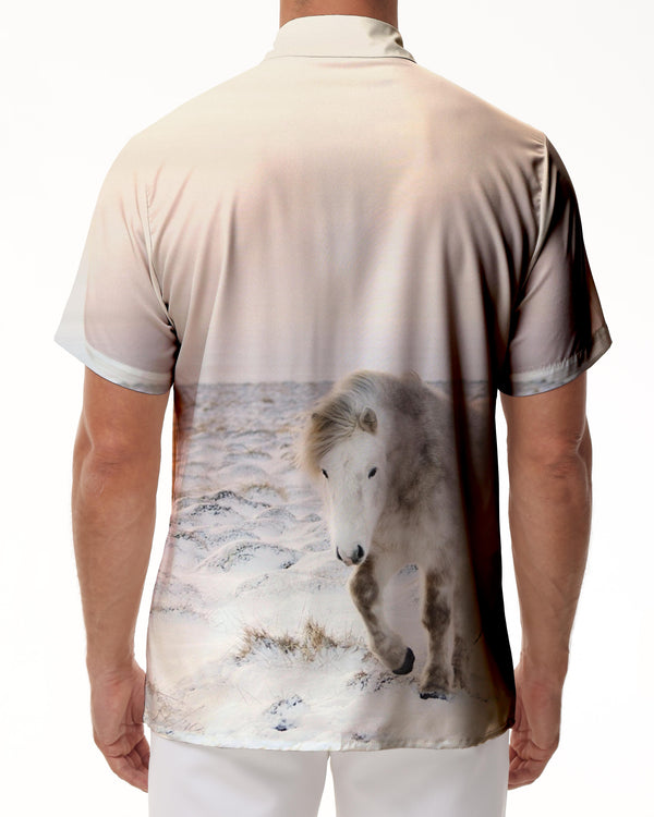 
White Horse Snow Men's Short Sleeve Button-down Shirt Hawaiian Button Four Seasons Lapel Top Loose
                