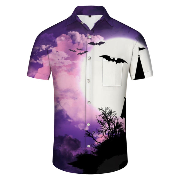 
House Tree Bats and Full Moon Horror Night Mens Hawaiian Shirt Short Sleeve Button Top Summer Pocket
                