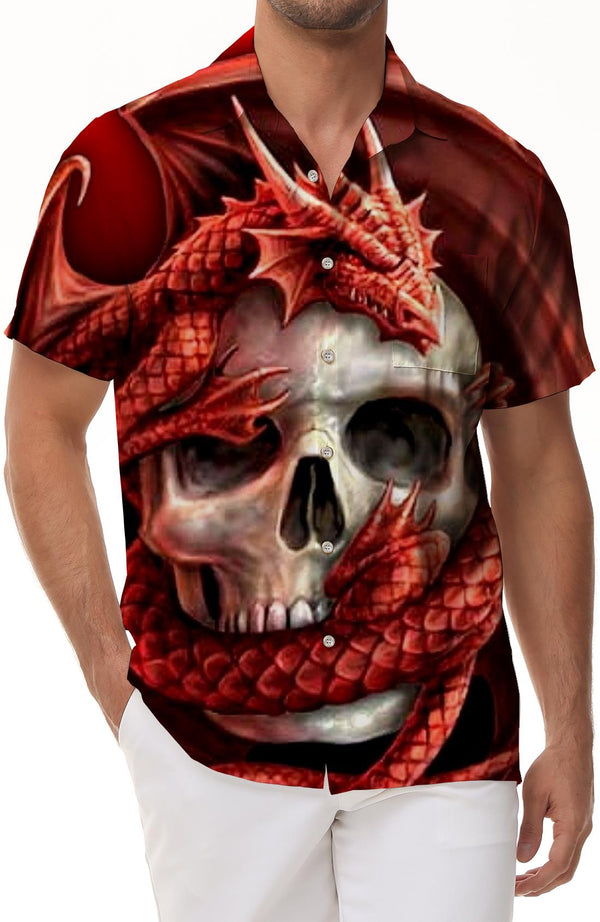 Red dragon wrapped skull cool rap short-sleeved shirt men's casual style Hawaiian lapel button pocket short-sleeved shirt comfortable and breathable