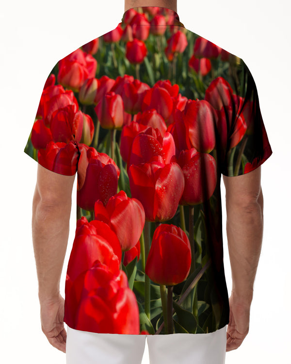 
Red flower tulip pattern casual men's short-sleeved beach shirt Hawaiian button lapel pocket short-sleeved shirt beautiful flowers
                