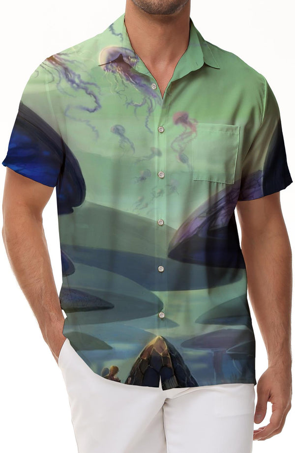 Sci-fi Cartoon Men's Casual Fun Mushroom Shirt Fungus Pattern Short Sleeve Button Shirt