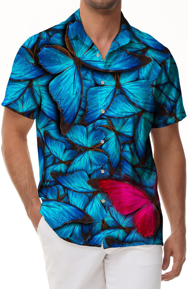 Fashionable short sleeve butterfly blue men's Hawaiian tops casual wear summer shirts suitable for beach holiday party