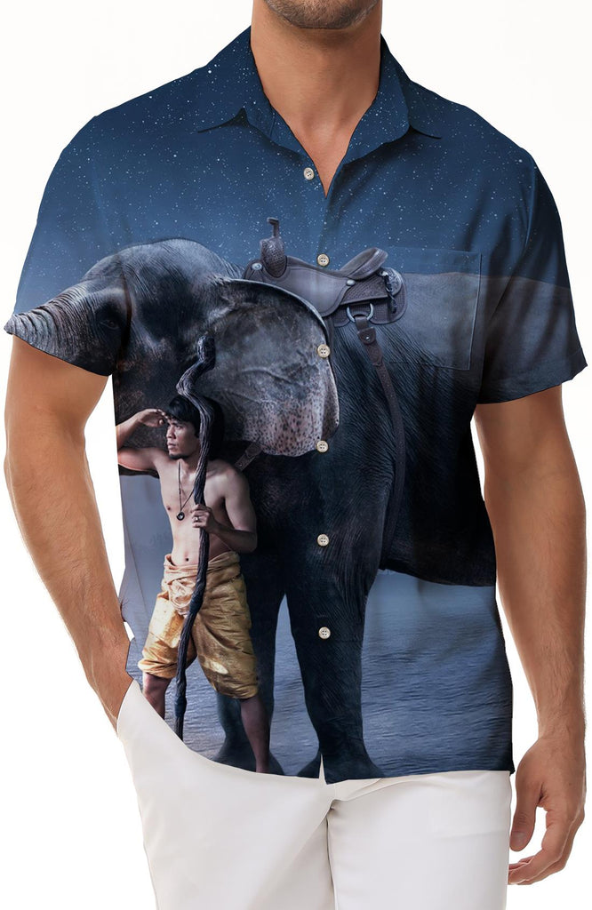 Mens Galaxy Human and Elephant Print Button Down Short Sleeve Shirt Summer Casual Short Sleeve Shirt Travel Beach Office