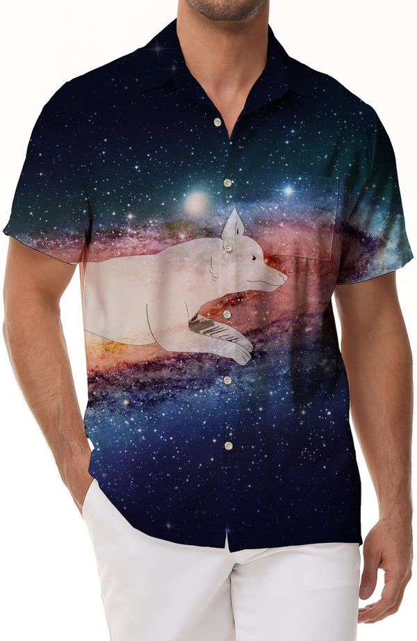 Outer Space Galaxy White Fox Men's Casual Shirt Hawaiian Shirt Short Sleeve Button Shirt Tops Suitable for Beach Vacation Leisure