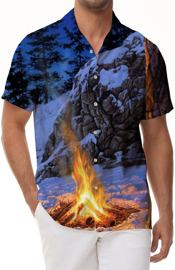 Campfire Print Pattern Daily Simple Style Casual Travel Tops 3d Digital Printing Hawaiian Button Lapel Short Sleeves Men